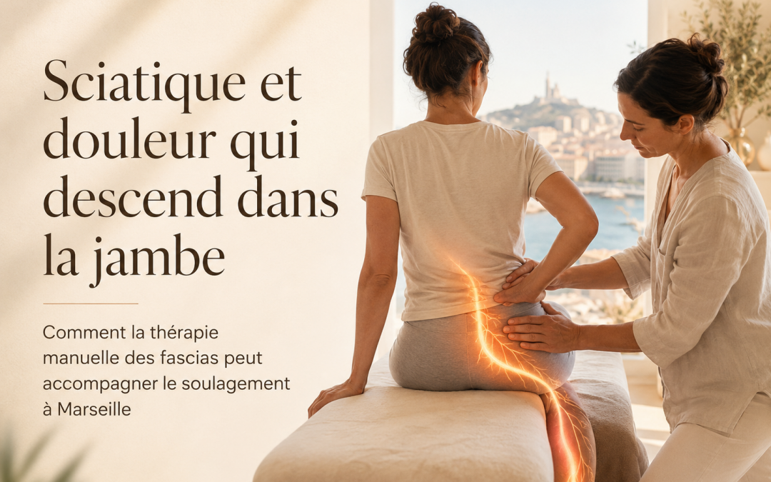 Séance douce de thérapie manuelle des fascias pour une douleur de type sciatique descendant dans la jambe à Marseille